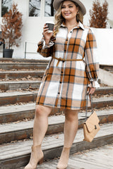 Khaki Western Plaid Button Up Loose Shirt Dress