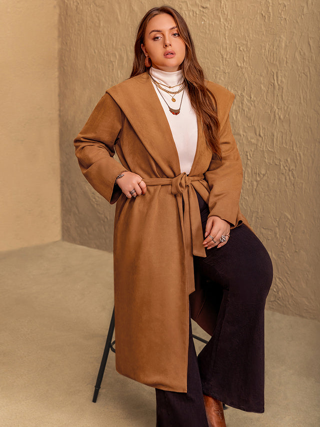 Plus Size Tied Long Sleeve Hooded Coat with Pockets Trendsi Hanalas