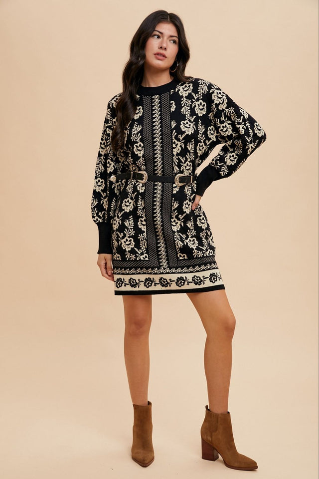 Annie Wear Floral Jacquard Round Neck Sweater Dress | Hanalas