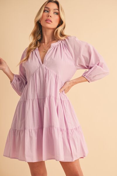 Aemi + Co Notched Balloon Sleeve Tiered Mini Dress | Hanalas