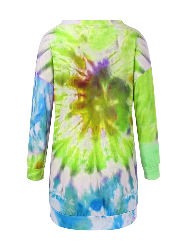 Full Size Tie-Dye Round Neck Long Sleeve Dress | Hanalas