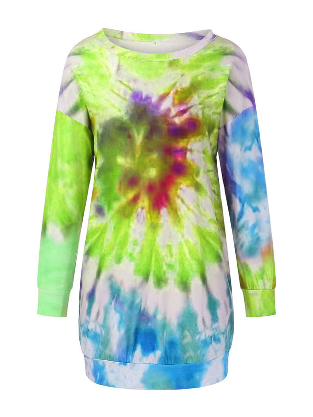 Full Size Tie-Dye Round Neck Long Sleeve Dress | Hanalas