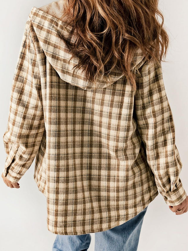 Plaid Snap Down Plush Hooded Jacket | Hanalas