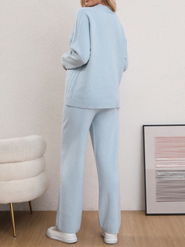 Mock Neck Long Sleeve Top and Pants Sweater Set | Hanalas