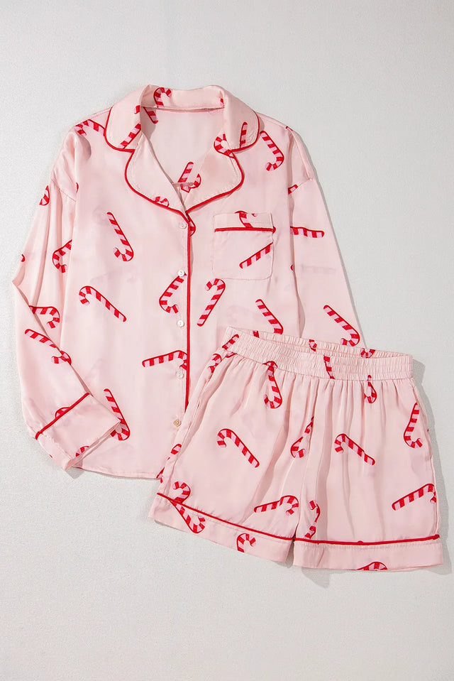 Candy Cane Collared Neck Long Sleeve Top and Shorts Lounge Set Trendsi Hanalas