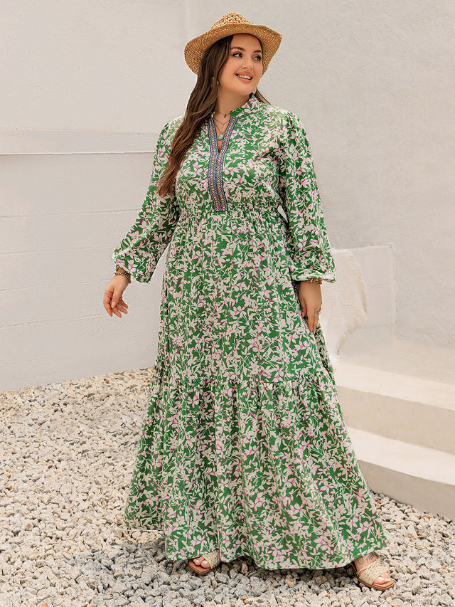 Plus Size Printed Notched Long Sleeve Maxi Dress Trendsi Hanalas