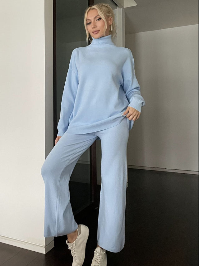 Turtleneck Long Sleeve Top and Drawstring Pants Sweater Set | Hanalas