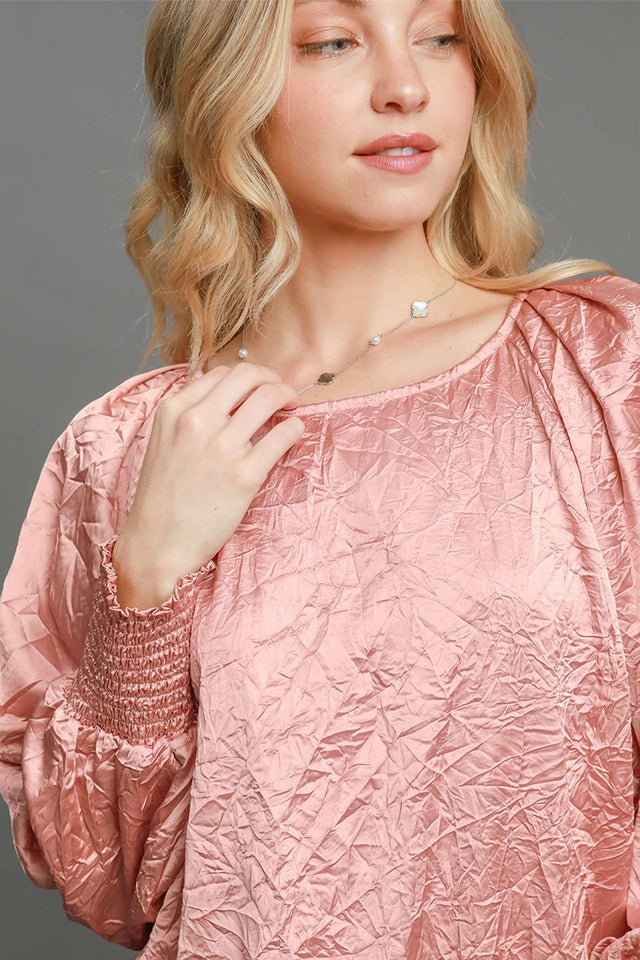 Umgee Wrinkled Round Neck Lantern Sleeve Blouse | Hanalas