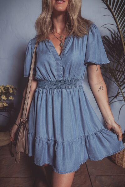 Ruffled Hem Smocked Flutter Sleeve Denim Mini Dress | Hanalas