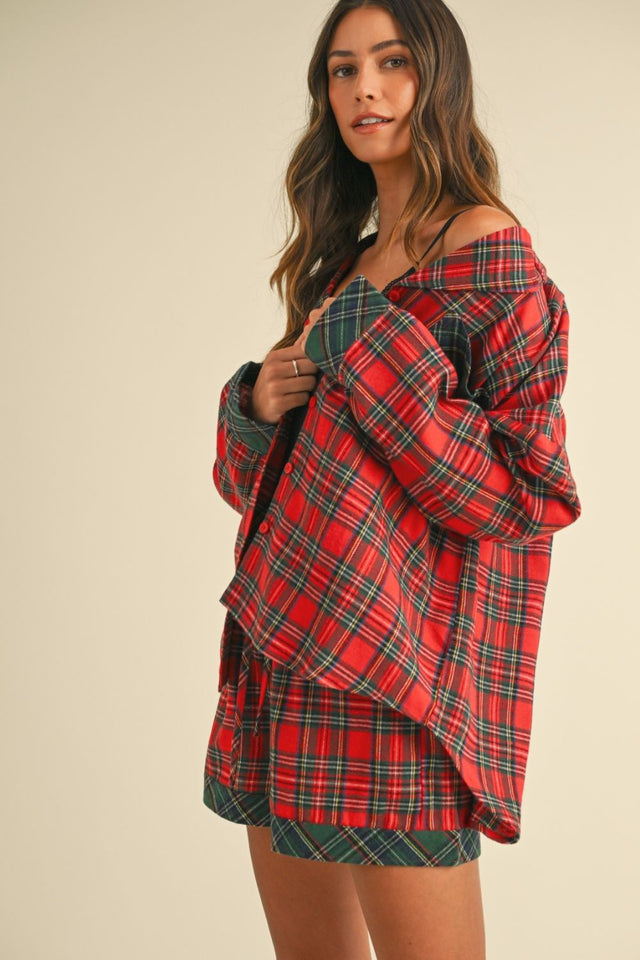 Annie Wear Contrast Plaid Long Sleeve Top and Shorts Set | Hanalas