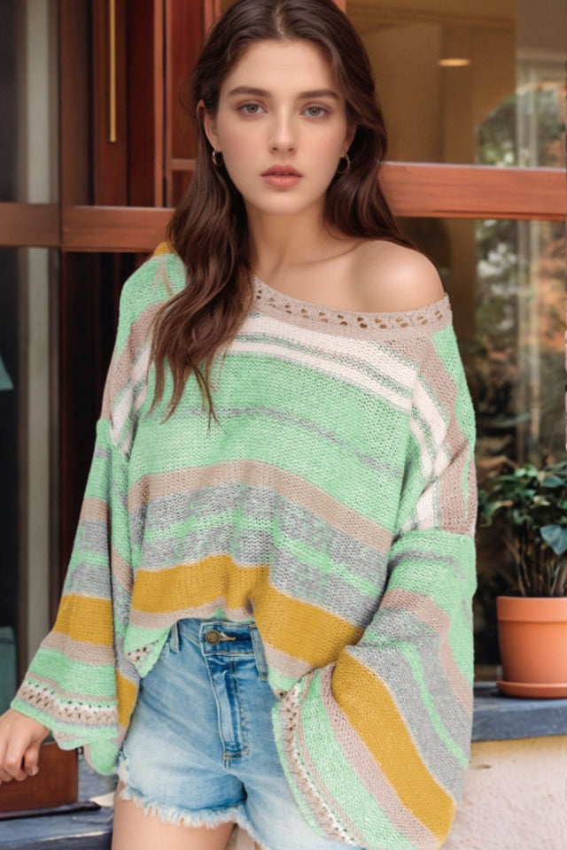 Contrast Striped Boat Neck Dropped Shoulder Sweater | Hanalas