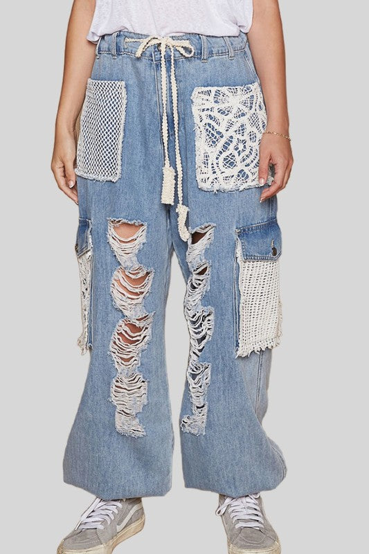 POL Crochet Patch Distressed Washed Jeans | Hanalas