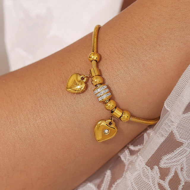 18K Gold-Plated Rhinestone Heart Charm Bracelet | Hanalas