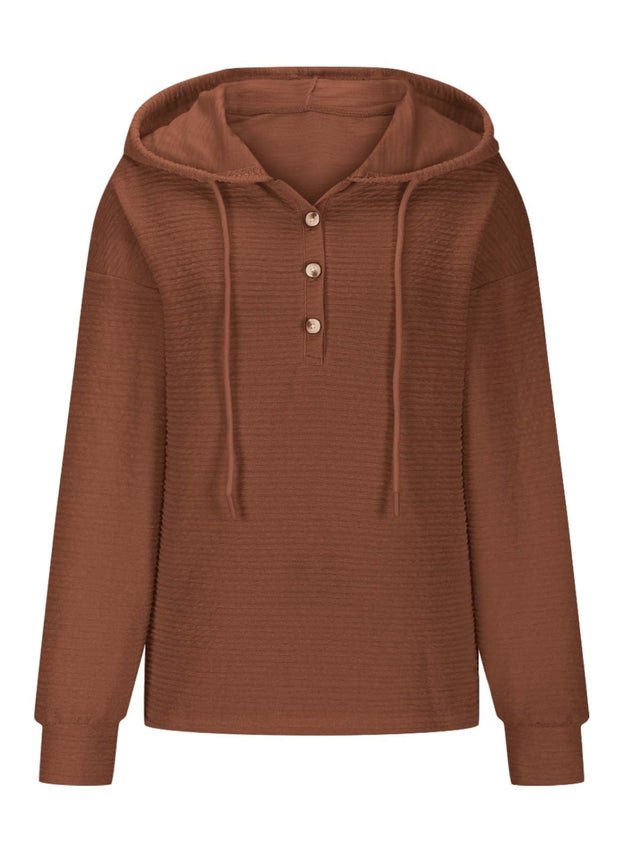 Drawstring Quarter Button Long Sleeve Hoodie | Hanalas