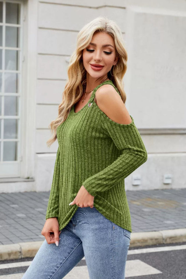 Ribbed Cold Shoulder Long Sleeve Top | Hanalas