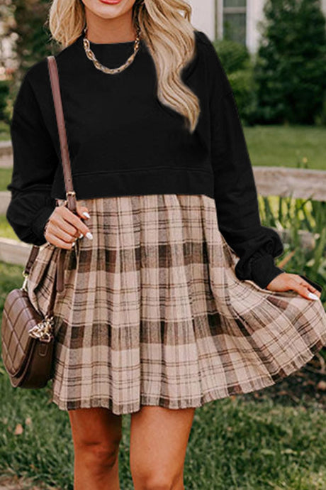 Plaid Round Neck Long Sleeve Mini Dress | Hanalas
