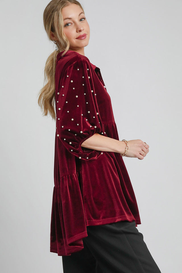 Umgee Pearl Detail Collared Neck Velvet Babydoll Blouse | Hanalas