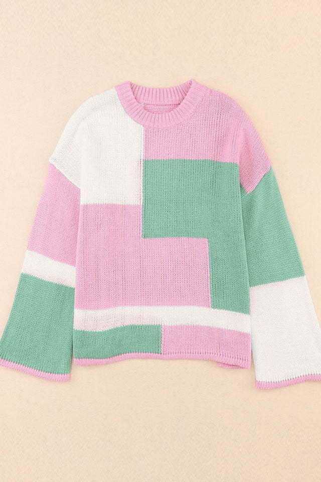 Color Block Round Neck Drop Shoulder Sweater | Hanalas