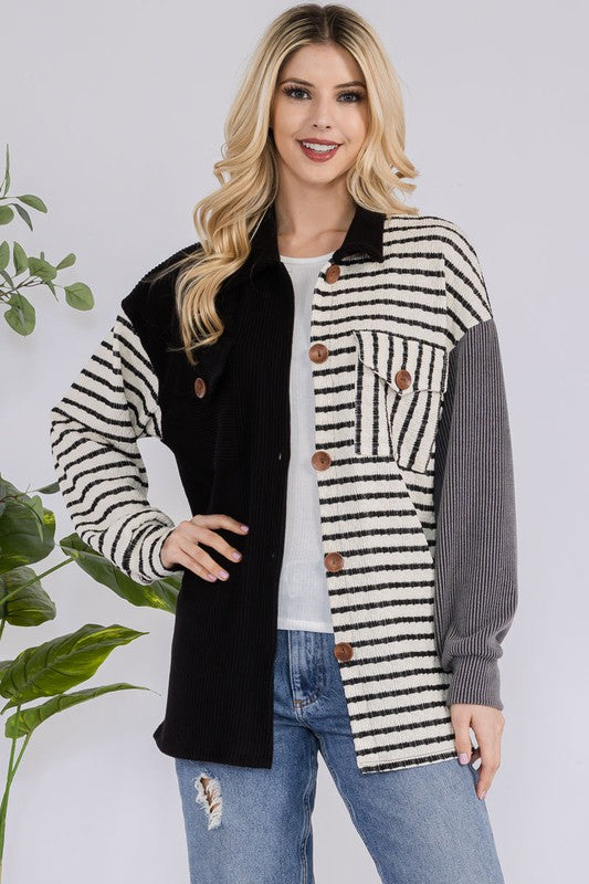 Celeste Full Size Striped Button Up Dropped Shoulder Shacket | Hanalas