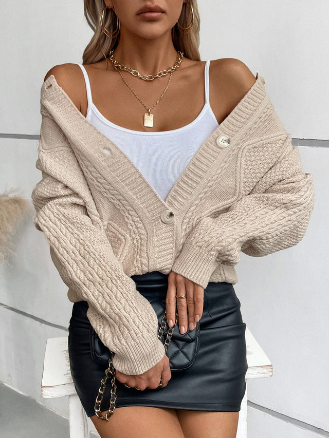 Cable-Knit Round Neck Button Up Cardigan Trendsi Hanalas