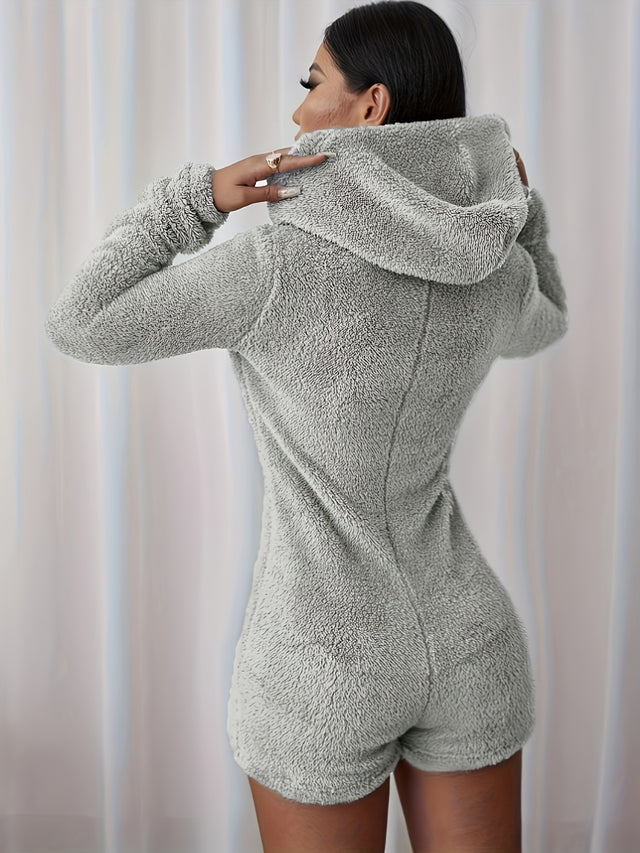 Furry Half Zip Long Sleeve Hooded Bodysuit | Hanalas