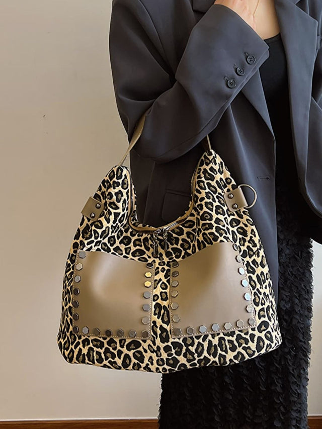 Leopard Polyester Shoulder Bag with Zippers Trendsi Hanalas