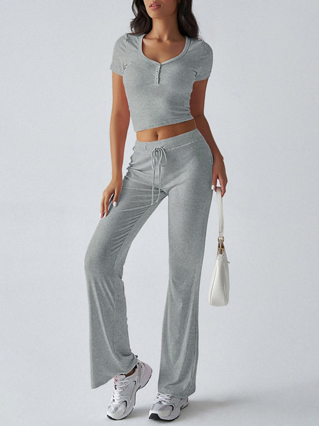 Devine Short Sleeve Top and Drawstring Pants Set | Hanalas