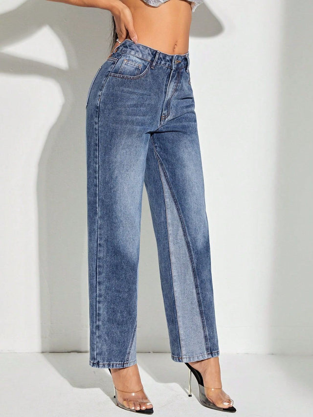 Contrast Patchwork Straight Jeans with Pockets Trendsi Hanalas