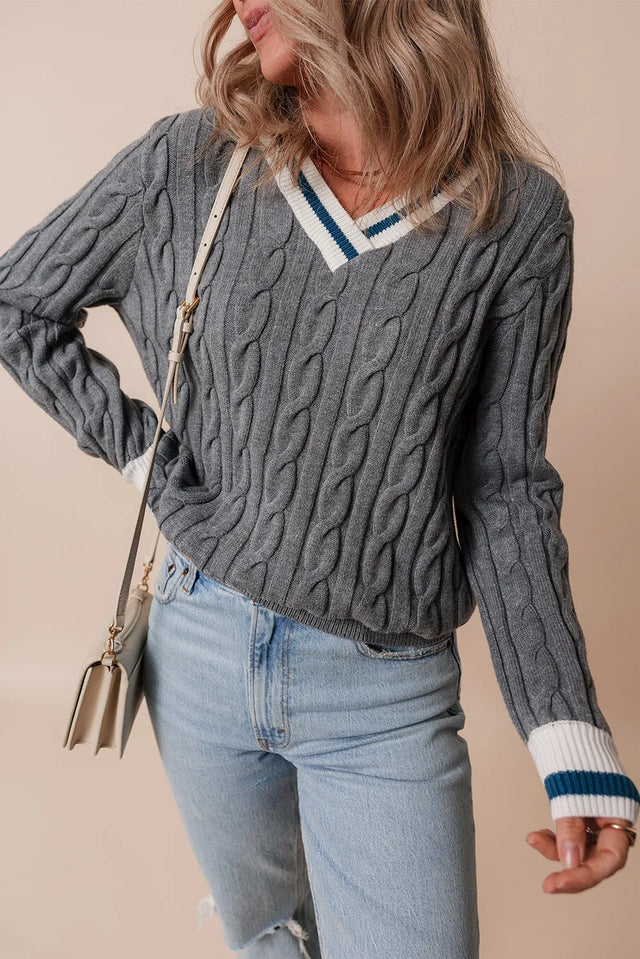 Cable-Knit V-Neck Long Sleeve Sweater Trendsi Hanalas