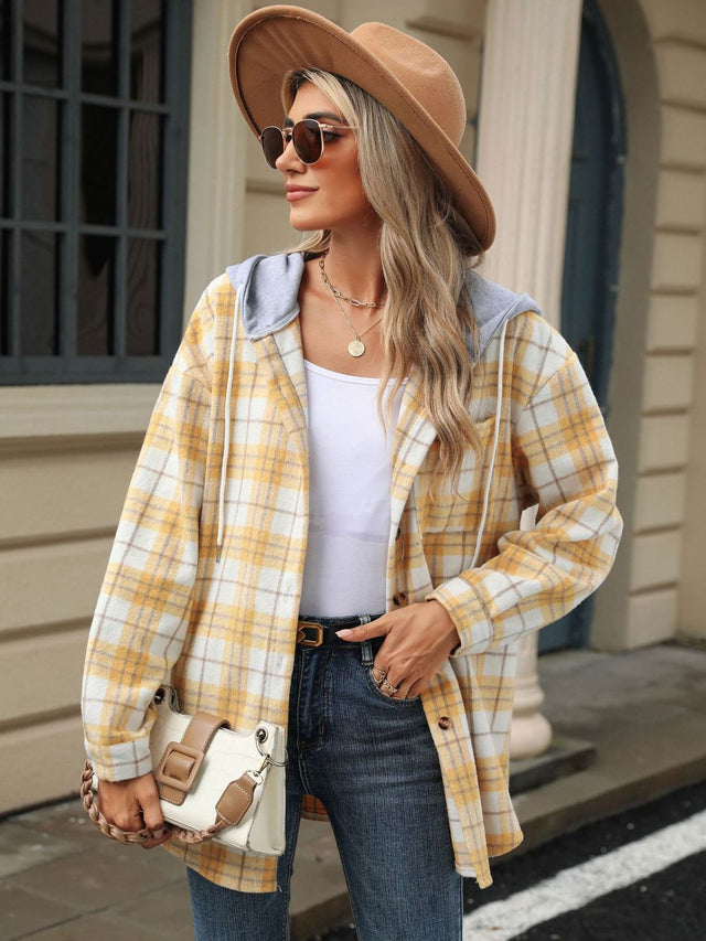 Drawstring Plaid Button Up Hooded Jacket Trendsi Hanalas