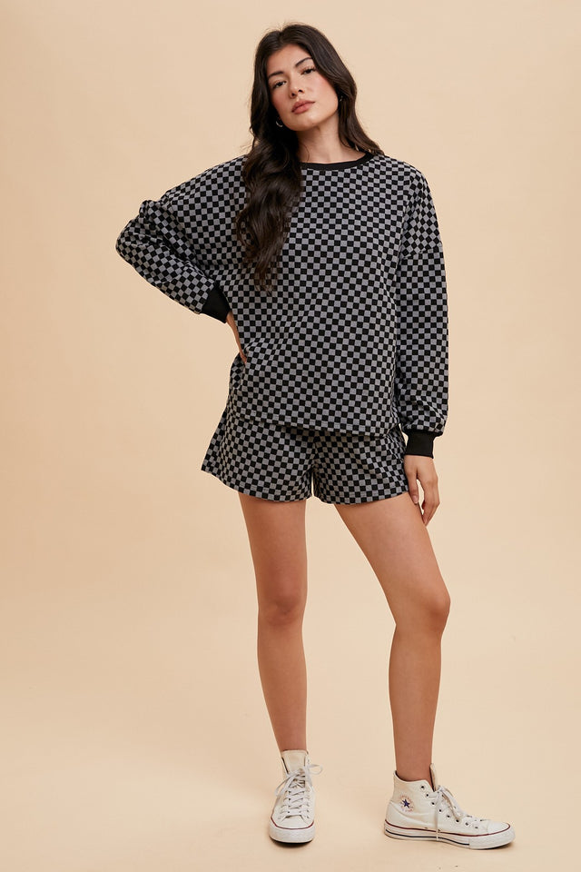 Annie Wear Checkered Round Neck Top and Drawstring Shorts Set | Hanalas