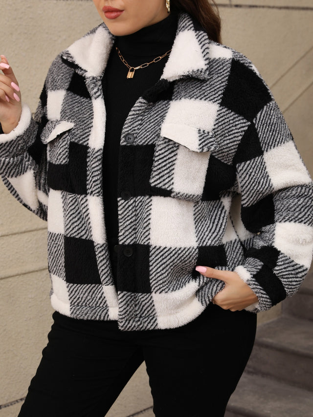 Plus Size Pocketed Plaid Collared Neck Jacket | Hanalas