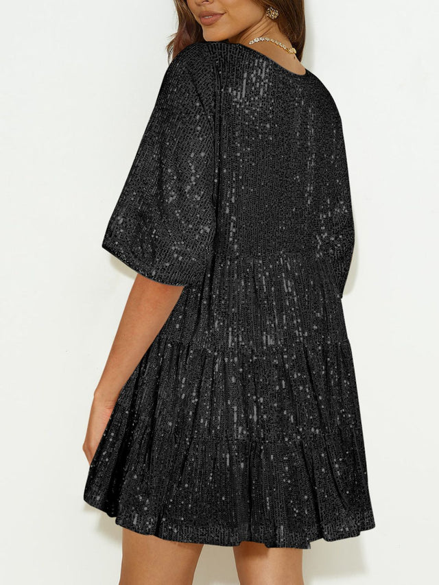 Sequin Round Neck Half Sleeve Mini Dress | Hanalas