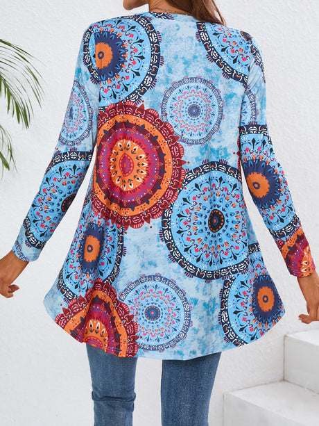 Geometric Printed V-Neck Long Sleeve T-Shirt | Hanalas