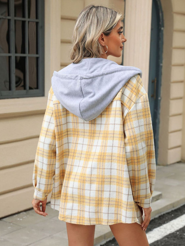 Drawstring Plaid Button Up Hooded Jacket Trendsi Hanalas