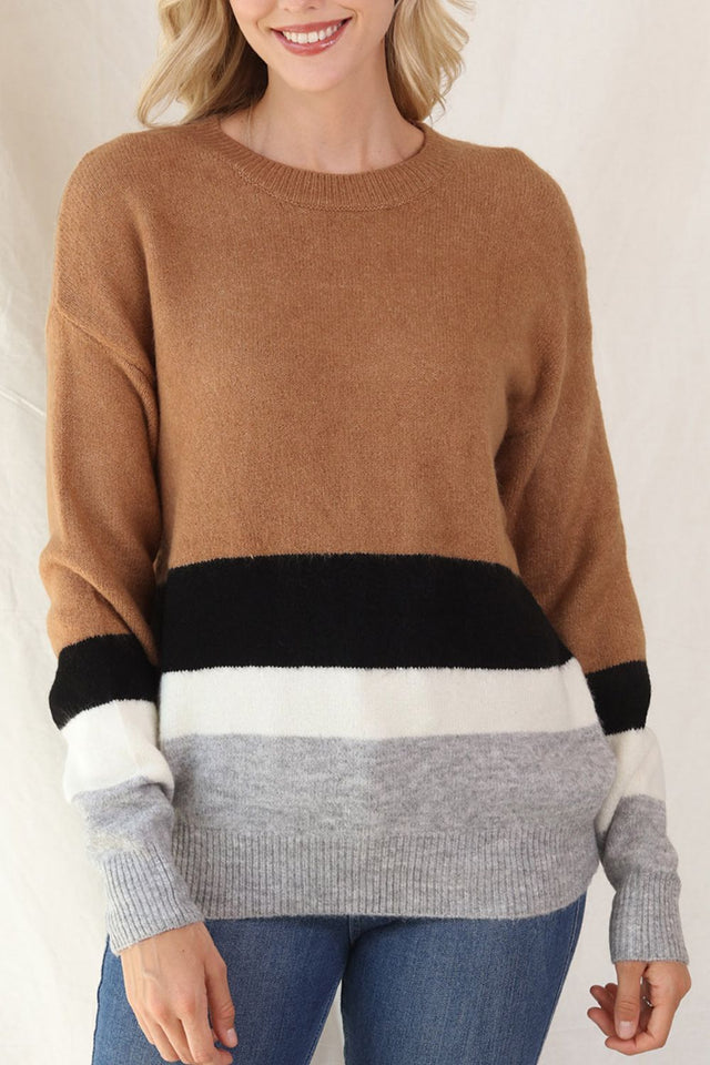 Color Block Round Neck Dropped Shoulder Sweater | Hanalas