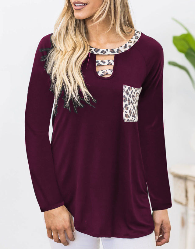 Cutout Leopard Round Neck Long Sleeve T-Shirt | Hanalas