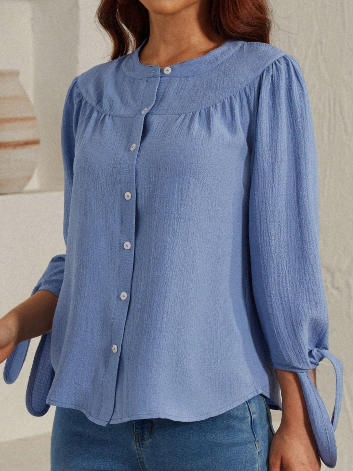 Tied Round Neck Three-Quarter Sleeve Shirt