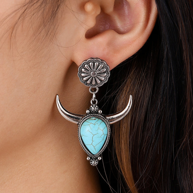 Artificial Turquoise Alloy Cow Head Earrings | Hanalas