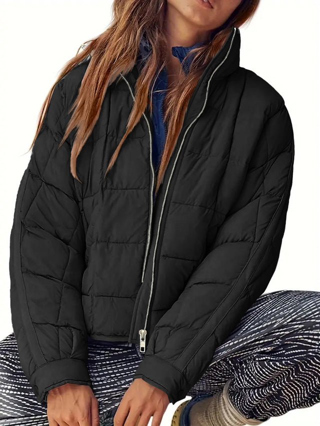 Pocketed Plaid Quilted Zip Up Winter Coat | Hanalas