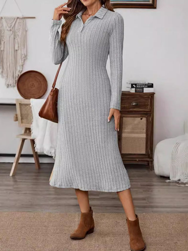 Collared Neck Long Sleeve Midi Dress Trendsi Hanalas