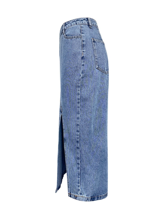 Slit Asymmetrical Waistband Midi Denim Skirt | Hanalas