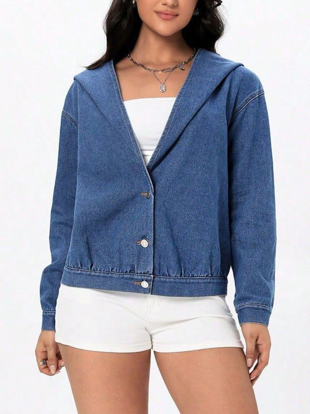 Button Up Hooded Denim Top Trendsi Hanalas