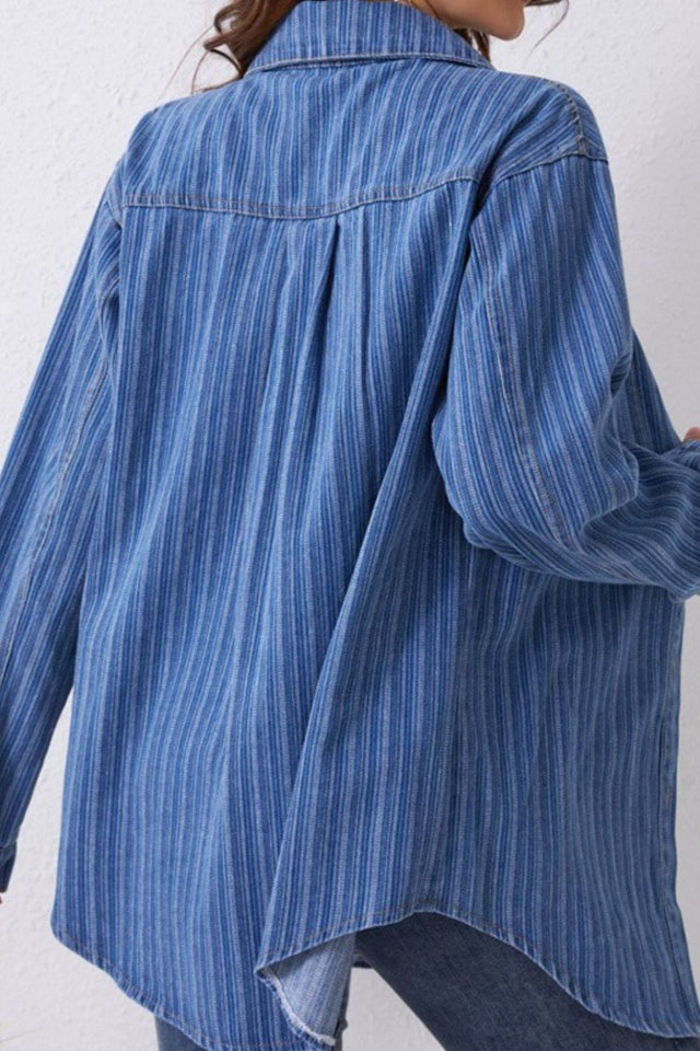 Striped Texture Collared Neck Denim Top Trendsi Hanalas