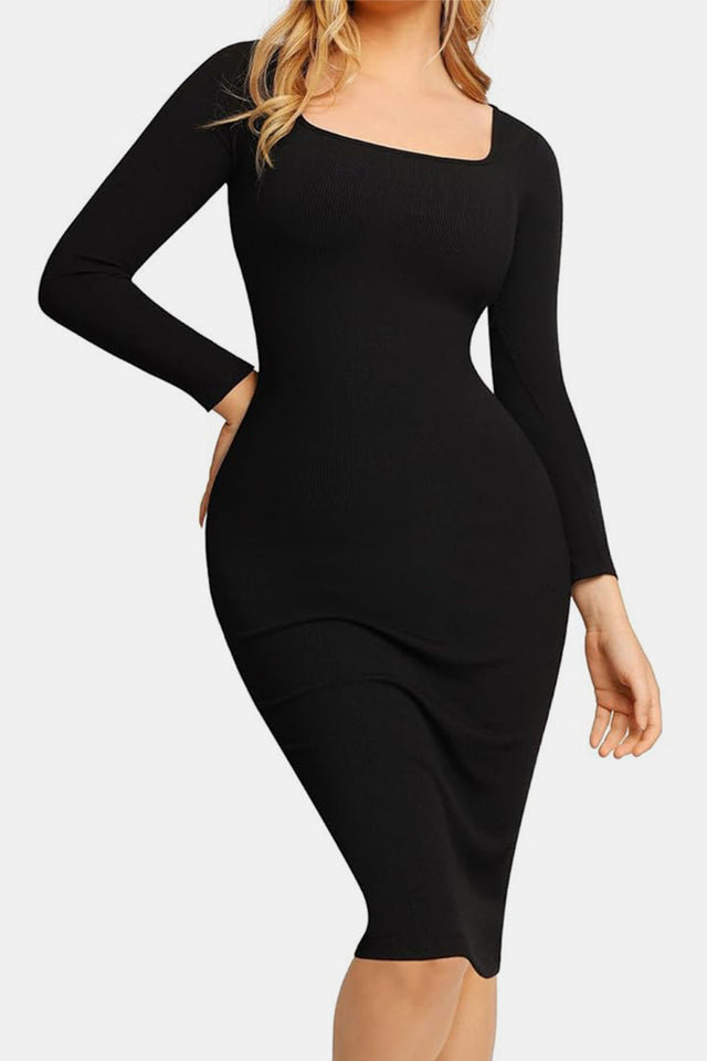 Basic Bae Full Size Built-In Shapewear Square Neck Long Sleeve Dress | Hanalas