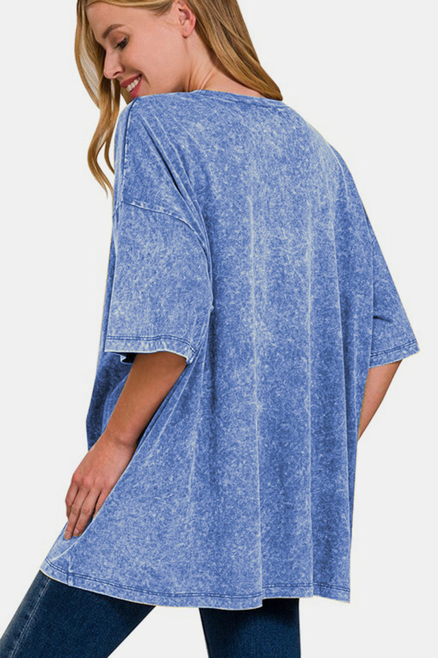 Zenana Full Size Washed Round Neck Drop Shoulder Oversized T-Shirt | Hanalas