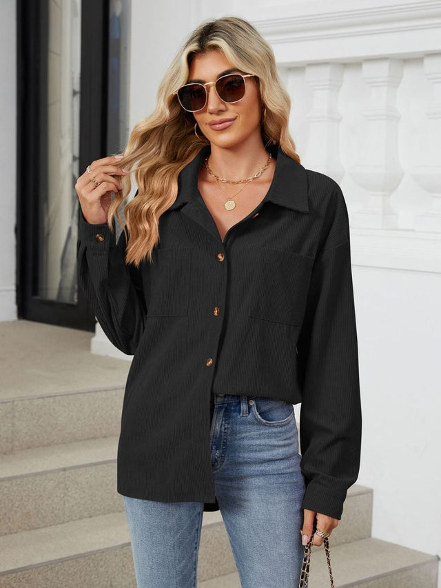 Button Up Long Sleeve Shirt with Breast Pockets Trendsi Hanalas