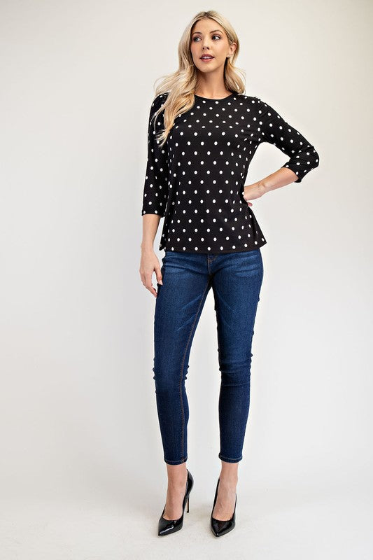 Celeste Full Size Polka Dot Round Neck Three-Quarter Sleeve T-Shirt | Hanalas