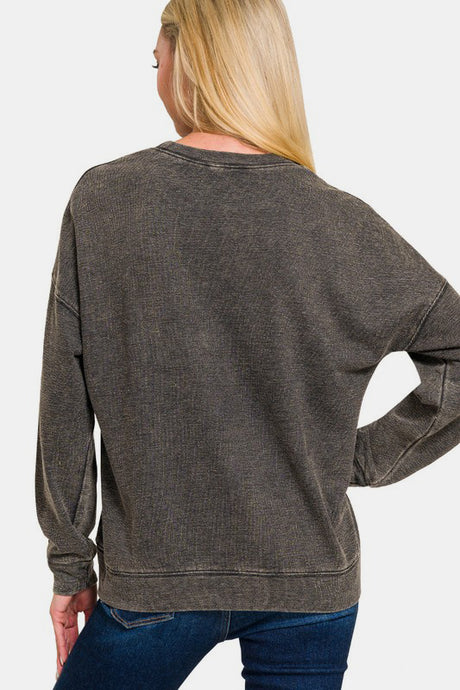 Zenana Washed Round Neck Dropped Shoulder Sweatshirt | Hanalas