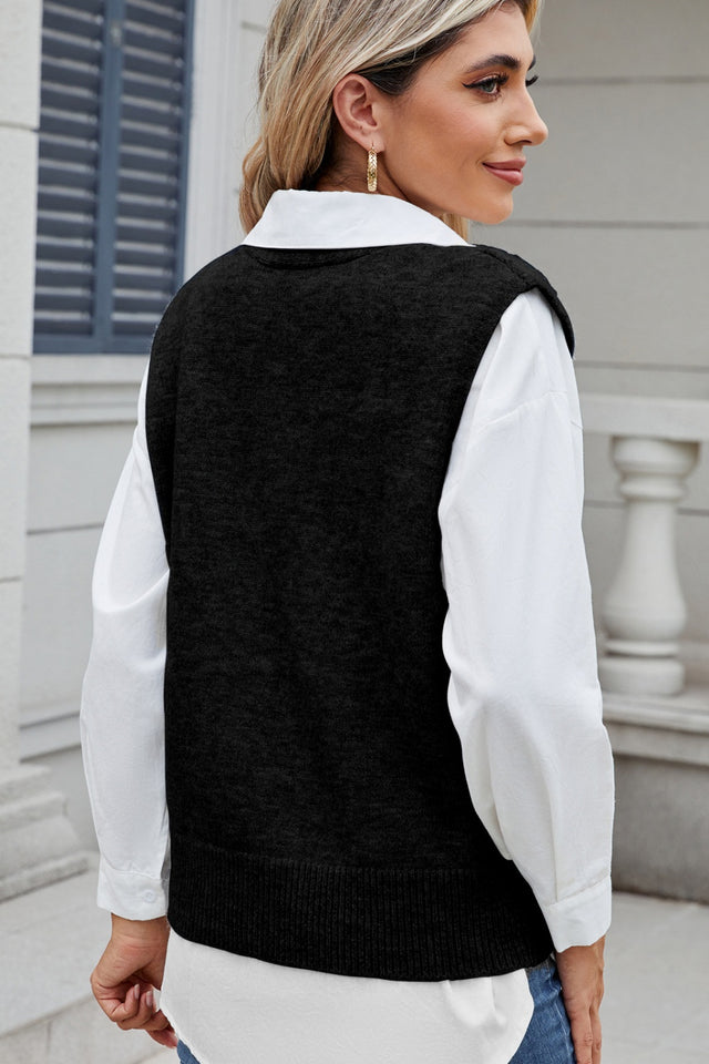 Button Down V-Neck Sweater Vest | Hanalas